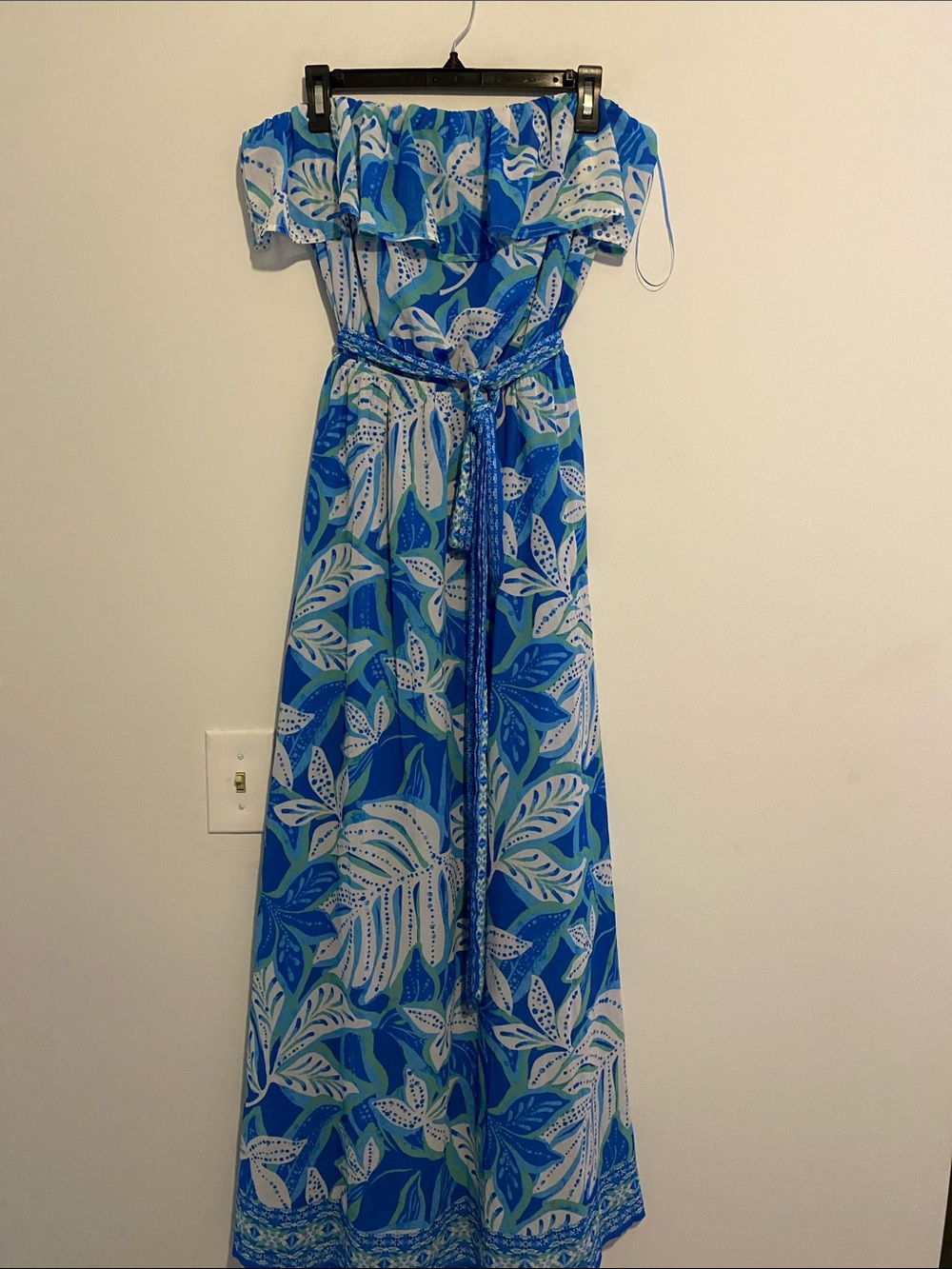 Flying Tomato Blue & White Off-Shoulder Tropical Maxi Dress